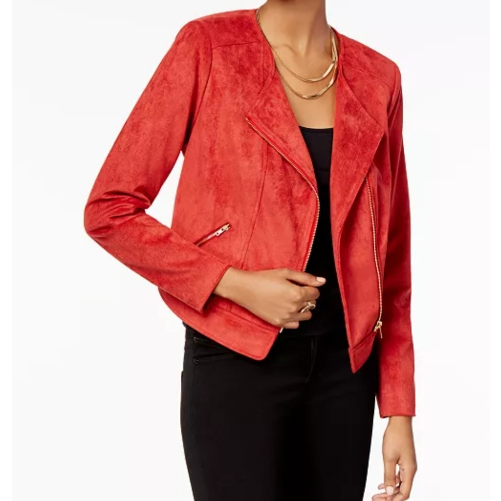 Thalia Sodi Faux Suede Berry Wine Moto Jacket Sz Sm
